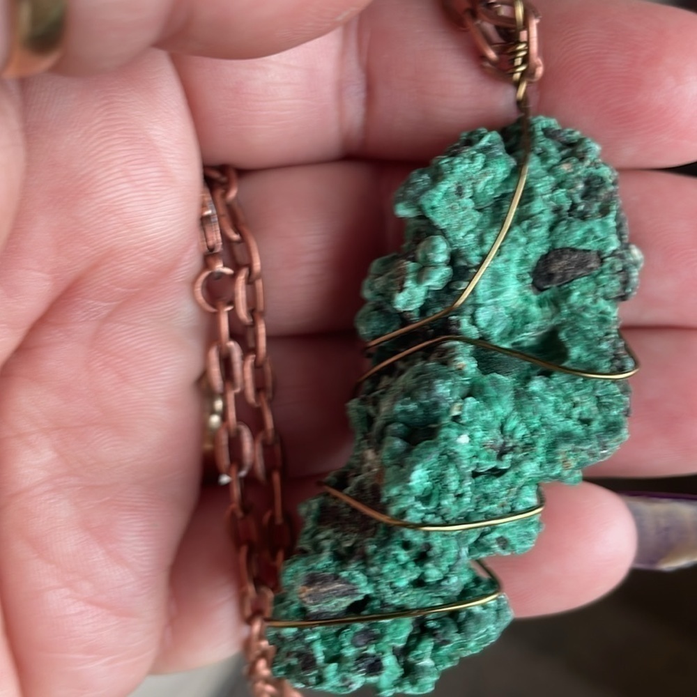 Raw, natural crystal, malachite necklace